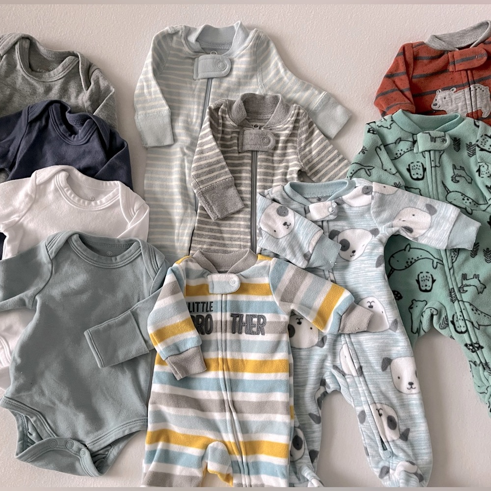 Preemie Boy Bundle - Blue, Gray, Orange Onesies, Footies, PJs - 10 Pieces